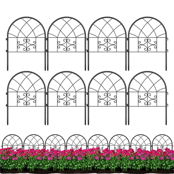 Decorative Black Metal Garden Fence Panels - Rustproof Arched Outdoor Fencing Kit, No-Dig Install for Yard, Patio, Animal Protection - 8PCS, Black