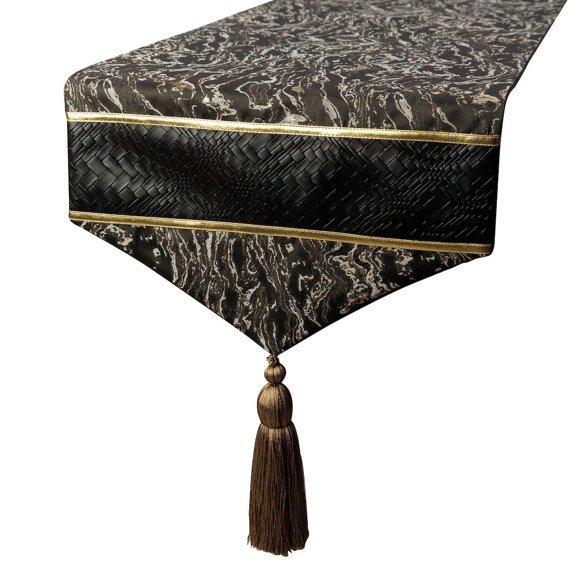 Decorative Black Table Runner 4 Seater Table Runner (14 x 60 inch), Tassles & Marble pattern Table Runner, Leather fabric Table Linen, Abstract Halloween Decorations - Leather Runway