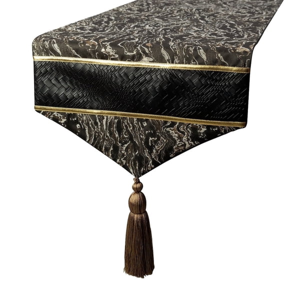 Decorative Black Table Runner Coffee Table Runner (14 x 36 inch), Tassles & Marble pattern Table Runner, Leather fabric Table Linen, Abstract Halloween Decorations - Leather Runway