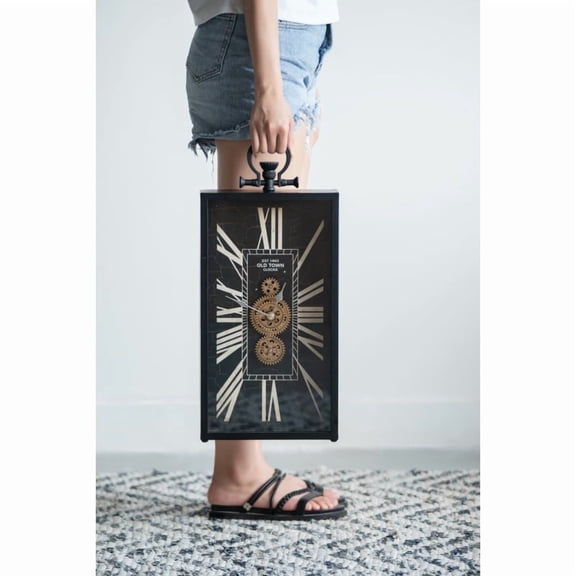 Decorative Black and Gold Roman Numeral Table Clock, Home Decor Gear Clock, 21" x 10" On-Site