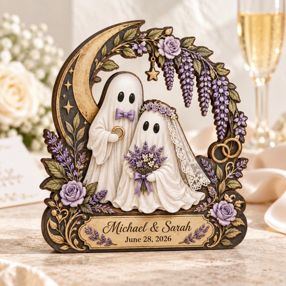Decorative Block, Personalized Ghost Couple, Wood Tabletop Decor for Gothic Wedding and Anniversary Gift