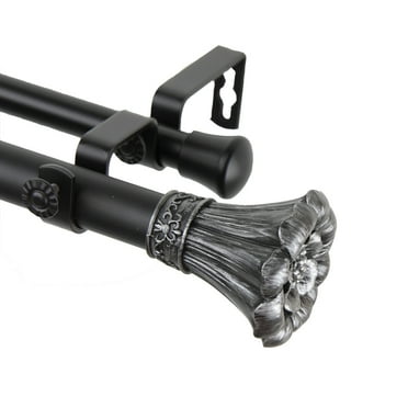 Decorative Blossom Double Curtain Rod 66-120 inch - Black