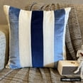 thumbnail image 1 of Decorative Blue 12"x12" (30x30 cm) Throw Pillow Covers, Velvet & Linen Patchwork Throw Pillows For Sofa, Striped Pattern Modern Style - Velvet Band Blue, 1 of 7