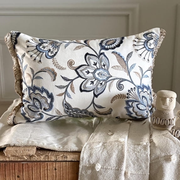 Decorative Blue 12"x14" (30x35 cm) Lumbar Pillow Cover, Linen Embroidery & Jute Lace trim Oblong Pillow, Floral Pattern Contemporary Style - Atasi