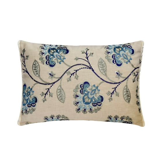 Decorative Blue 12"x16" (30x40 cm) Lumbar Pillow Cover, Linen Embroidery & Pearls Oblong Pillow, Floral Pattern Contemporary Style - Floryn