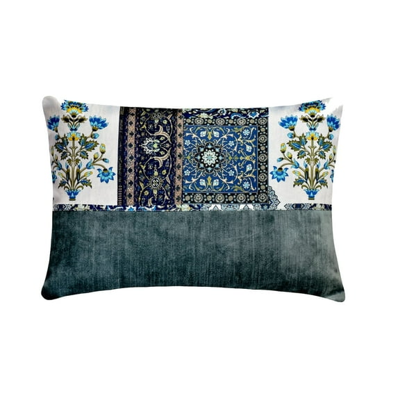 Decorative Blue 12"x20" (30x50 cm) Lumbar Pillow Cover, Velvet Floral & Patchwork Oblong Pillow, Nature & Floral Pattern Art Deco Style - Gul