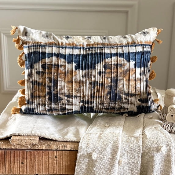 Decorative Blue 12"x24" (30x60 cm) Lumbar Pillow Cover, Cotton Pintucks & Tassles Oblong Pillow, Ikat Pattern Contemporary Style - Freya