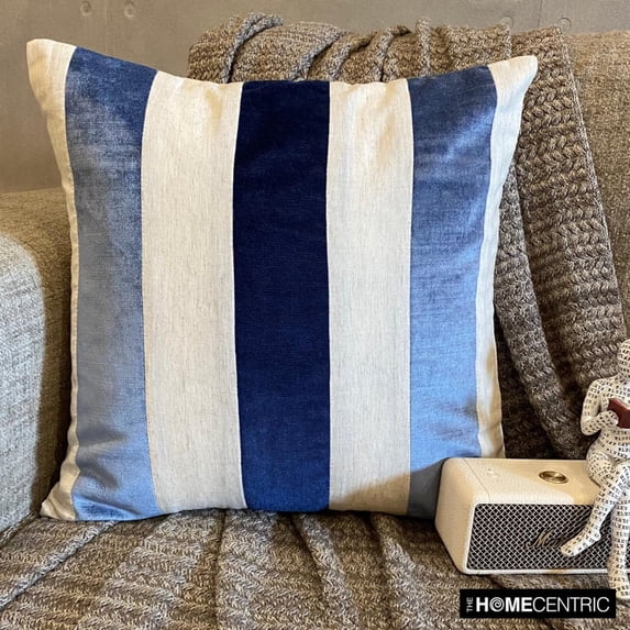 Decorative Blue 22"x22" (55x55 cm) Throw Pillow Covers, Velvet & Linen Patchwork Throw Pillows For Sofa, Striped Pattern Modern Style - Velvet Band Blue