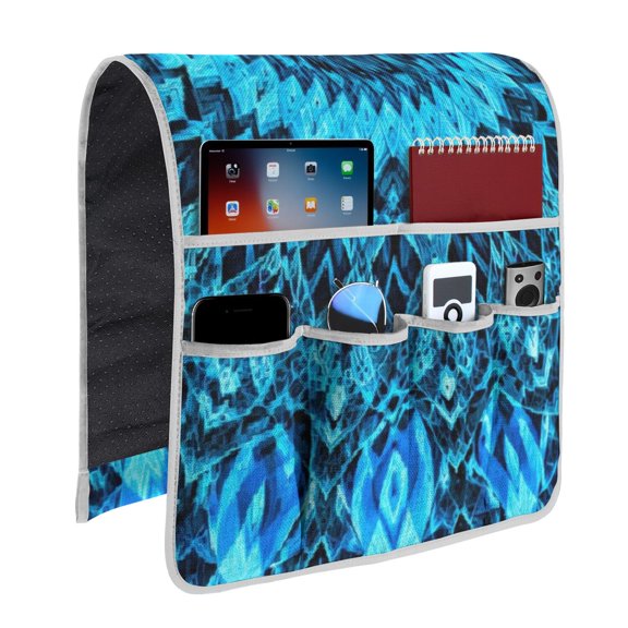 Decorative Blue Couch Armrest Organizer Bag, 13 x 35 in, Printed 6-Pocket Sofa Storage Caddy for Recliner, Bedside and Living Room Use