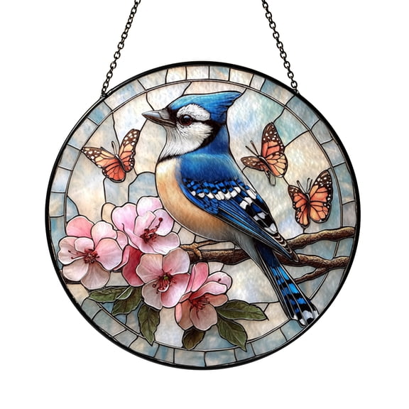 Decorative Blue Jay Glass Style Window Decor – Stained Glass Inspired