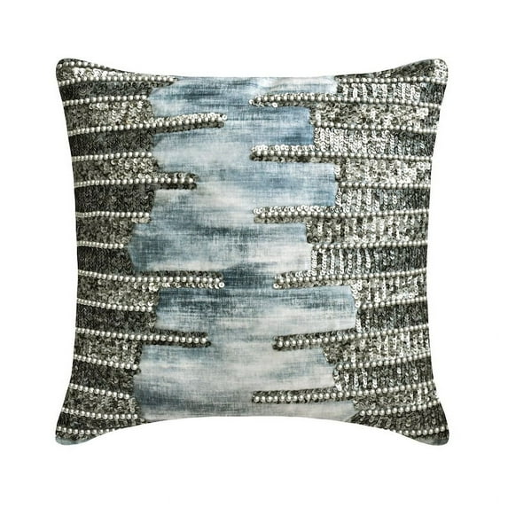 Decorative Blue & Silver 18"x18" (45x45 cm) Pillow Covers, Suede Tie and Dye embroidery, beaded & Oxidized Throw Pillows For Sofa, Abstract Pattern Modern Style - Oxidation Silver