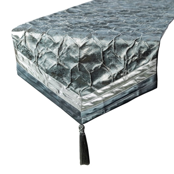 Decorative Blue & Silver Table Runner 6 - 8 Seater Table Runner (14 x 90 inch), Beaded, Foil & Tassels Table Runner, Silk fabric Table Linen, Geometric Modern Style - Hexagonal Foil
