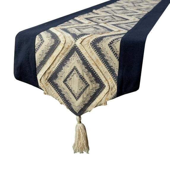 Decorative Blue Table Runner 6 - 8 Seater Table Runner (14 x 90 inch), Moroccan, Tassles & Lace Table Runner, Jacquard fabric Table Linen, Geometric Pattern Contemporary Style - Aissa