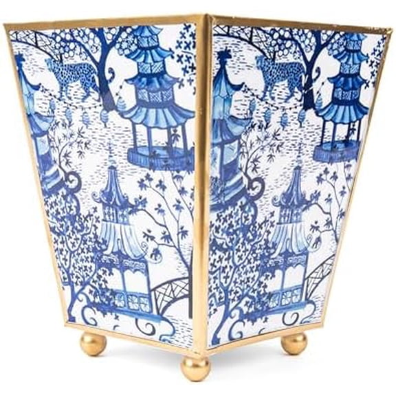 Decorative Blue and White Planter Pot, Square Planters for Indoor Plants, 4in Plant Pots Metal Cachepot, Square Flower Pot White and Gold Planter Chinoiserie Planter Oriental Decor$$Garden & Patio