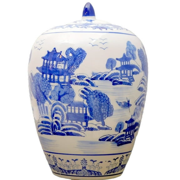Decorative Blue and White Porcelain Jar with Landscape Painting 11" High - Oriental Furniture Warehouse