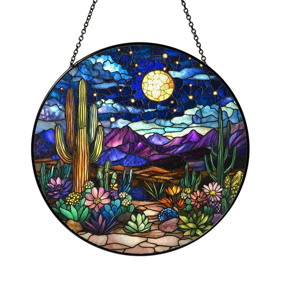 Decorative Boho Cactus Stained Glass Style Suncatcher Window Decor, Desert Landscape Glass Style Hanging Panel with Moon Scene for Window Ornament Gift