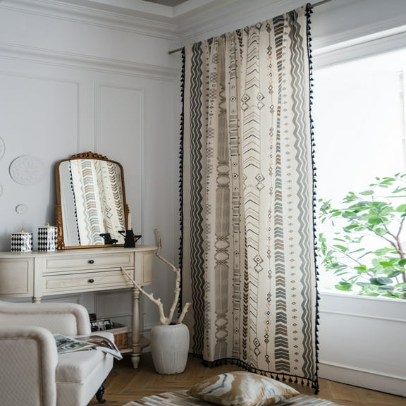 VOGOL Decorative Boho Curtains with Tassels, Cotton Linen Rod Pocket Brown Black Geometric Printed Window Treatment for Kitchen Bedroom, 59 x 63 Inches, 1 Panel