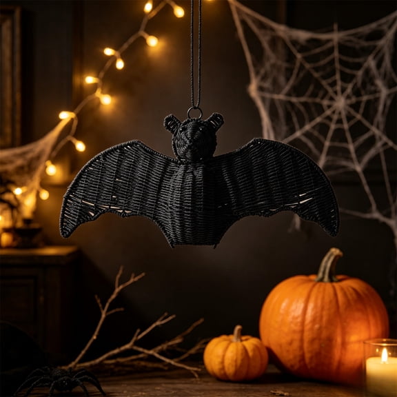 Decorative Boho Halloween Figurine for Mantel, Handcrafted Faux Rattan Bat Statue with Texture, Minimalist Novelty Gothic Accent for Shelf and Desk(A)