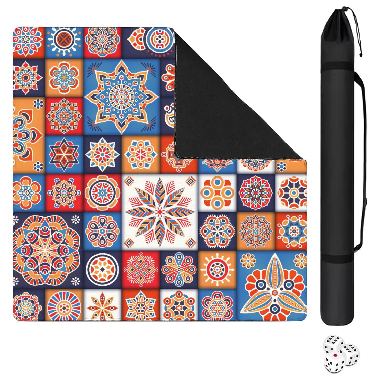 Decorative Boho Pattern Non-Skid Mahjong Table Pad 31.5x31.5 Inch Rubber Playing Surface Reduces Noise with Anti-Slip Bottom for Board Games and Cards