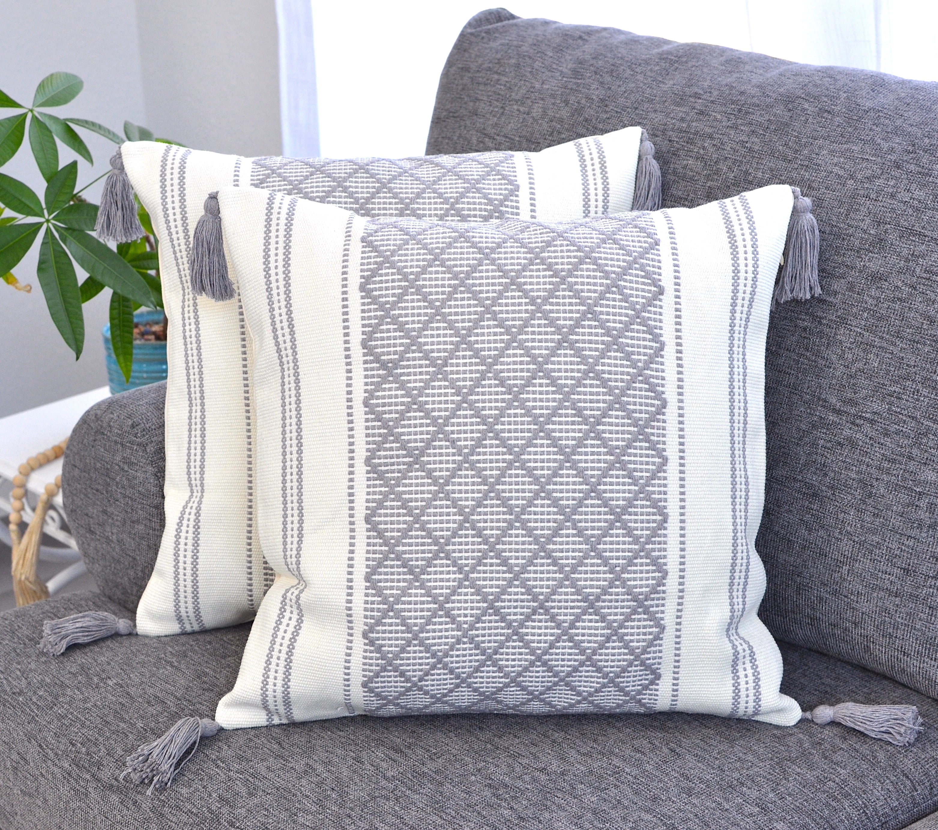 Decorative Boho Tassels Throw Pillow Covers Grey, 20x20 inch -Set of 2)/ Designer Plaid Woven Cushion Covers for Couch/ Farmhouse Gray Accent Square Pillow Cases