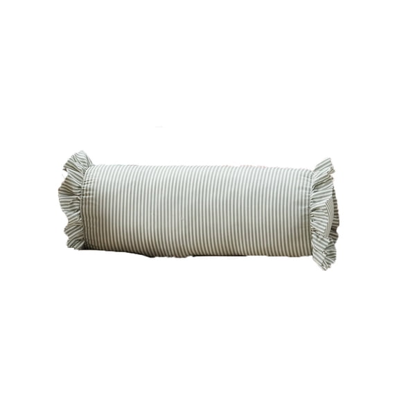 Decorative Bolster Pillow 8.1"x20.1", Green Striped Ruffle Accent Pillow for Couch and Bed
