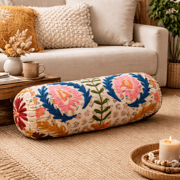 Decorative Bolster Pillow with Multicolor Embriodery for Couch Bed | 21x8"