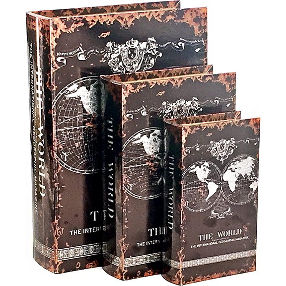 Decorative Book Box Set of 3 - Antique Map Vintage Secret Storage Faux Leather Wood Magnetic