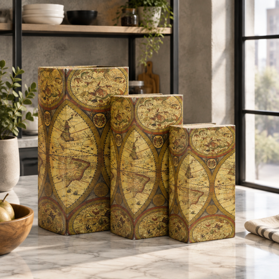 Decorative Book Boxes World Map Pattern Antique Invisible Box Withic Cover Faux Wood Set Of 3 Stor(map)
