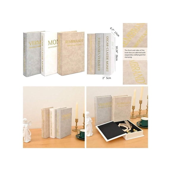 Decorative Book Storage Boxes Set Of 3 Faux PU Leather & Velvet Book Boxes With Gold Foil Stamping, Wooden Hidden Storage Cases For Remote Controls, Jewelry, Keys Coffee Table & Bookshelf Dcor