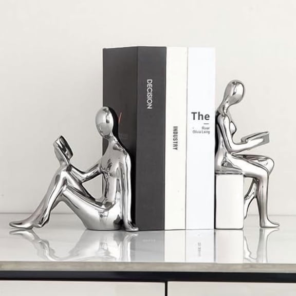 Decorative Bookends, Ceramic Book Ends for Shelves, Home Office Decor Aesthetic Book Stopper Reading Book Holders Statues for Bookshelf Bedroom Living Room Decoration (Silver)