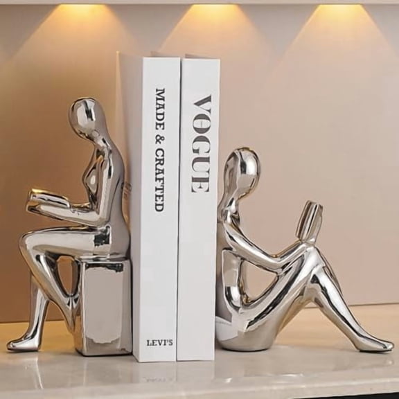 Decorative Bookends,Ceramic Statue Book Ends,Home Office Modern Bookends,Decor Aesthetic Reading Book Holders for Bookshelf,Bedroom Living Room Decoration Unique Bookends (Silver)