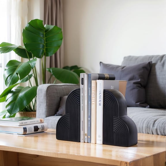 Decorative Bookends for Shelves Set of 2 – Heavy Duty Black Resin Bookends, Boho Aesthetic Minimalist Geometric Book Ends, Modern Book Stoppers for Heavy Books, Office Desk, Home or Library Decor