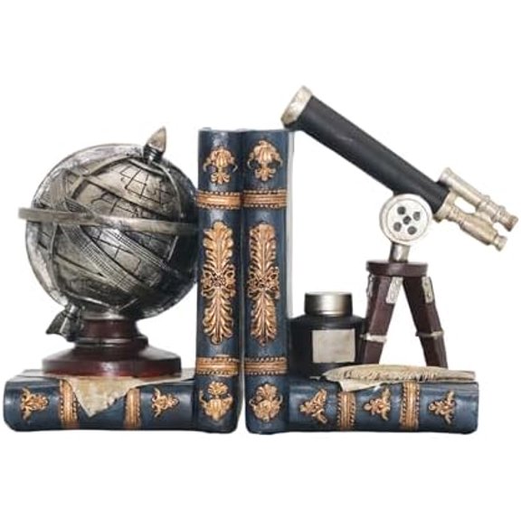 Decorative Bookends Vintage Armillary Sphere and Astronomical Telescope Antique Space Time Book Ends Heavy Duty Bookends Astronomy Decor for Shelves Home Office Decorations