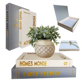 Decorative Books Faux Linen Paper Boxes Secret Organizer Magnetic Closure 2 Pack