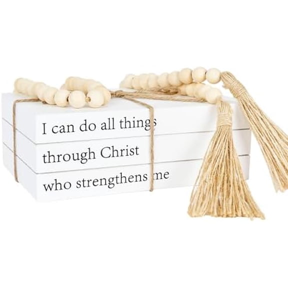 Decorative Books for Home Decor, White Faux Books for Decoration, Rustic Farmhouse Stacked Books with 52in Wood Bead Garland for Coffee Table Mantle Fireplace (I can do All Things Through Christ)