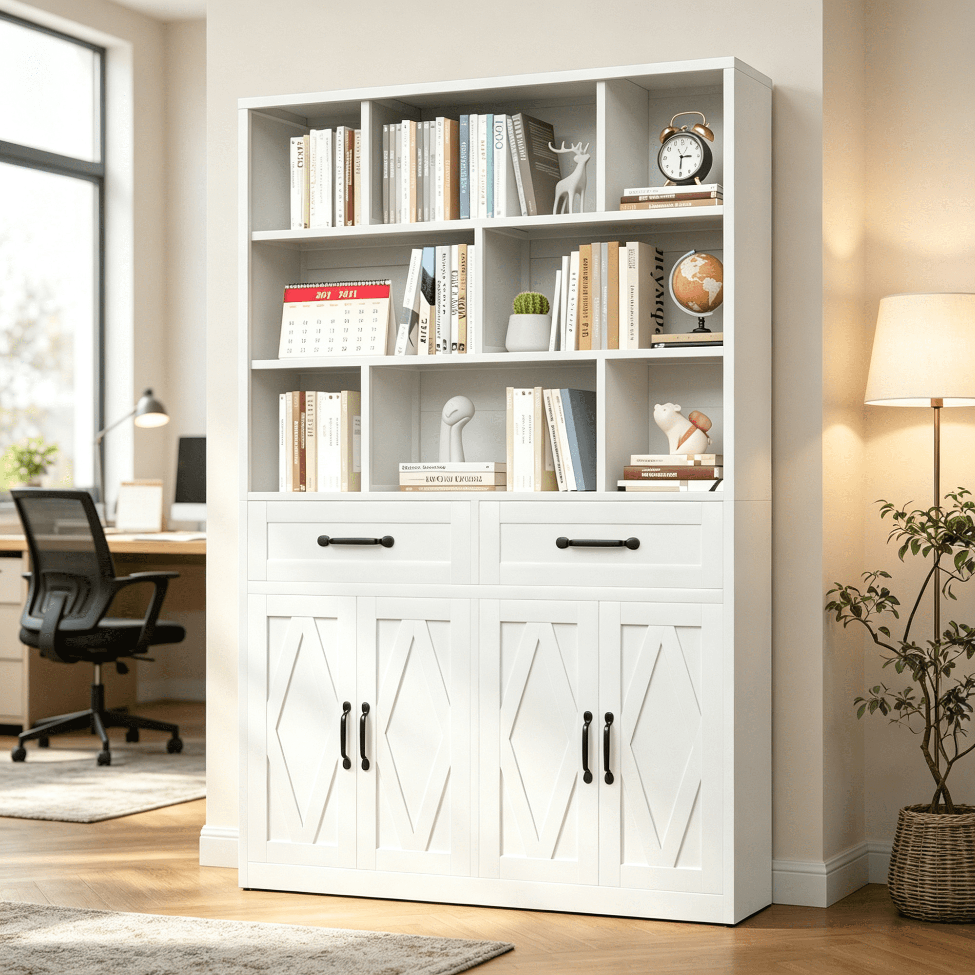 Decorative Bookshelf with Cabinets and Drawers, Freestanding Bookcase with Open Cubby Storage, Wooden Display Storage Cabinet for Home Office Bedroom Living Room