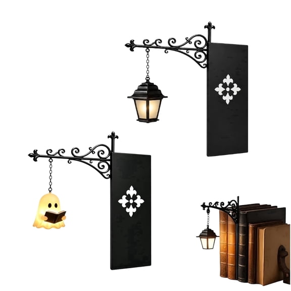 Decorative Bookshelf Lighting Library Lantern Mini Bookshelf Lamp Vintage Book Nook Accessories for Book Lovers Gift(1 Lantern 1 Ghost)