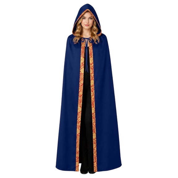 Decorative Border Wizard Cloak, Ornate Gold Border Hooded Cape Cloak, Long Witch Fortune Teller Robe With Front Tie, Multi Color Halloween Medieval Cosplay Velvet Cape, Blue M