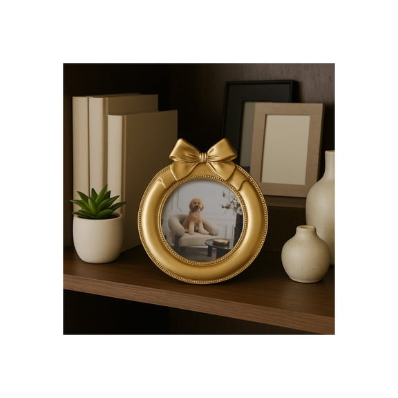 Decorative Bow on Round Photo Frame - Stylish Picture Frame with Detailing Border for Tabletop and Living Room Wall Accent - Versatile Frame for Bedroom, Entryway, or Gallery Wall Style - 7", Gold