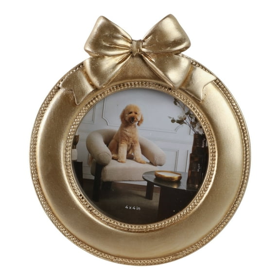 Decorative Bow on Round Photo Frame - Stylish Picture Frame with Detailing Border for Tabletop and Living Room Wall Accent - Versatile Frame for Bedroom, Entryway, or Gallery Wall Style - 7", Gold