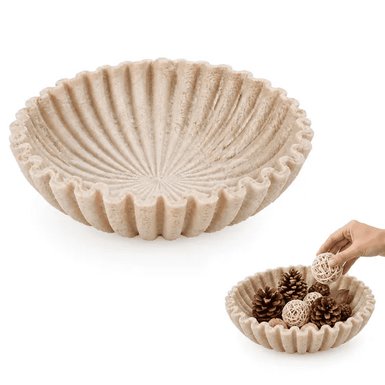 Decorative Bowl, Coffee Table Decor, Key Bowl, Home Decor, Beige Artificial Stone Ruffle Fluted Decorative Bowl Multi-Purpose Storage Tray for Entryway Countertop Living Room Display
