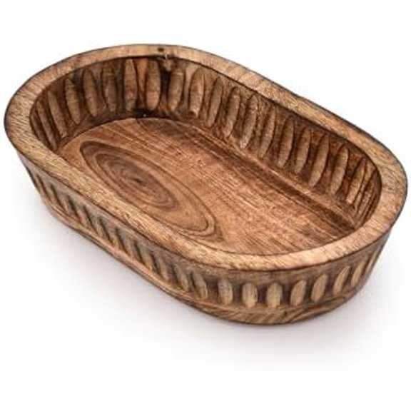 Decorative Bowl Mango Wood for Home Decor, Unique Centerpiece Bowl, with Hand Carved Vertical Stripes for Home Decor, Bathroom, Kitchen Counter, & More (10" x 6" x 2")