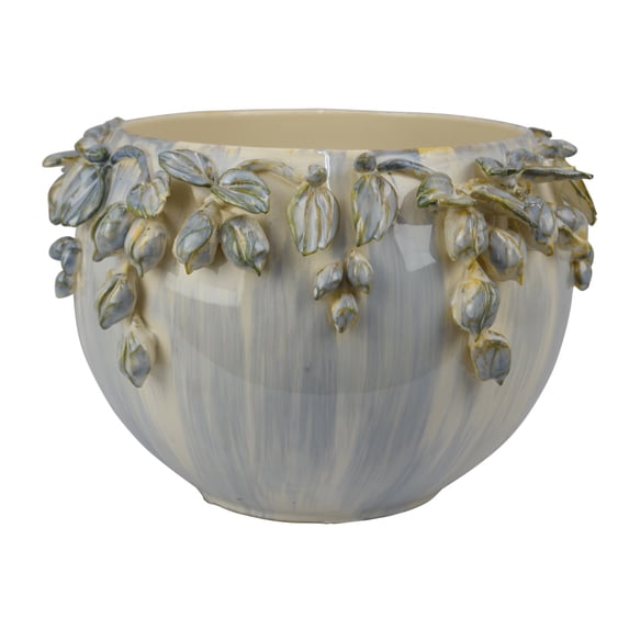 Decorative Bowl Planter, White Ceramic with Floral Garland Rim, 12 Inch