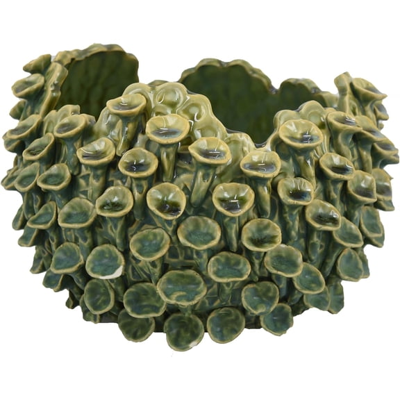 Decorative Bowl, Textured Green Ceramic, Abstract Coral, 11 Inch
