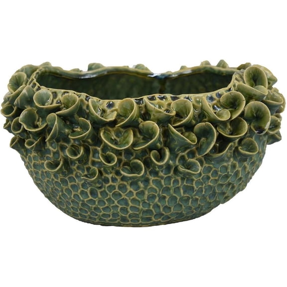 Decorative Bowl, Textured Green Ceramic, Abstract Floral 13 Inch