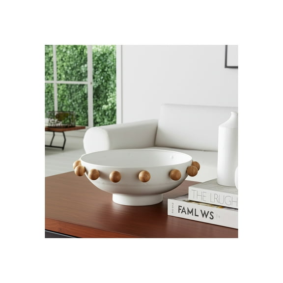 Decorative Bowl Wood and Iron Sculpted Sphere Accents for Home or Office Decor - 4" White