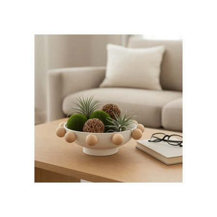 Modern Large Bowl with Wooden Knobs for Coffee Table Decor - Decorative Centerpiece Table Decorations for Home Decor Accents - Elegant Kitchen Counter Decor, Key Bowl, or Candy Bowl - 4.25", White