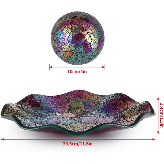 Decorative Bowl and Balls Set, 12" Glass Tray with 4" Multicolored Orbs for Home Centerpiece Gift