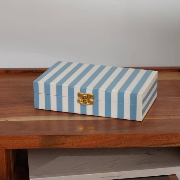 Decorative Box with Lid, 8x5x2 Inch Wooden Rectangle Blue and White Striped Resin Storage Box, Glossy Finish Keepsake Organizer for Jewelry, Trinkets, Coffee Table & Home Dcor
