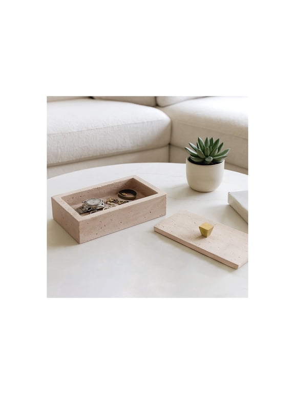Decorative Box with Lid for Home Decor - Sophisticated Storage and Home Organizer for Living Room & Bedroom Accent - 4" Tan & Gold